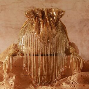 Naaz Heavy Tassles Potli with Handle - Gold