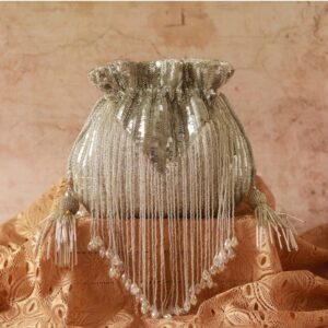 Naaz Heavy Tassles Potli with Handle – Silver